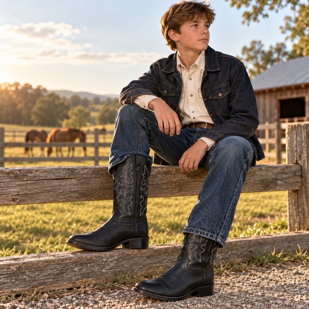 Justin Junior Western Boots Youth Size 4.5 D Black Leather Contrast Stitch 6001Y